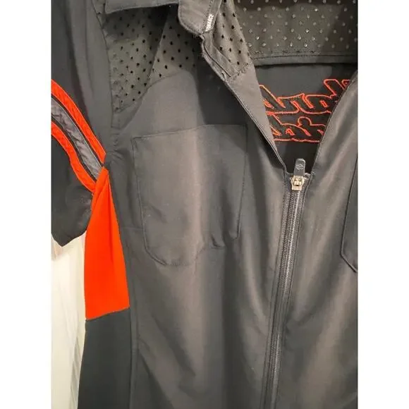 Black & Orange  Harley Davidson Patch Zipper Perforated Collared Zip Up Shirt L - Picture 6 of 9